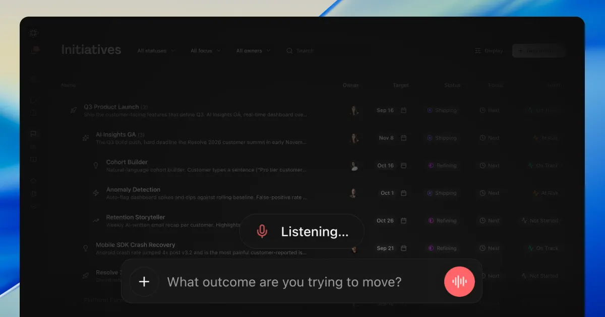 Voice mode listening over the Initiatives list, with the waveform control active in the chat composer