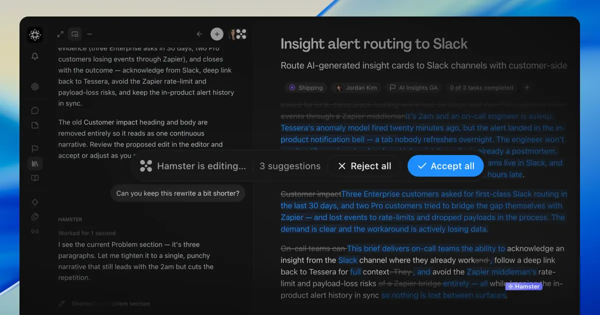Hamster editing a document beside its chat, where a request to shorten the rewrite streams in as pending insertions and deletions, with three suggestions and Accept all waiting in the review bar