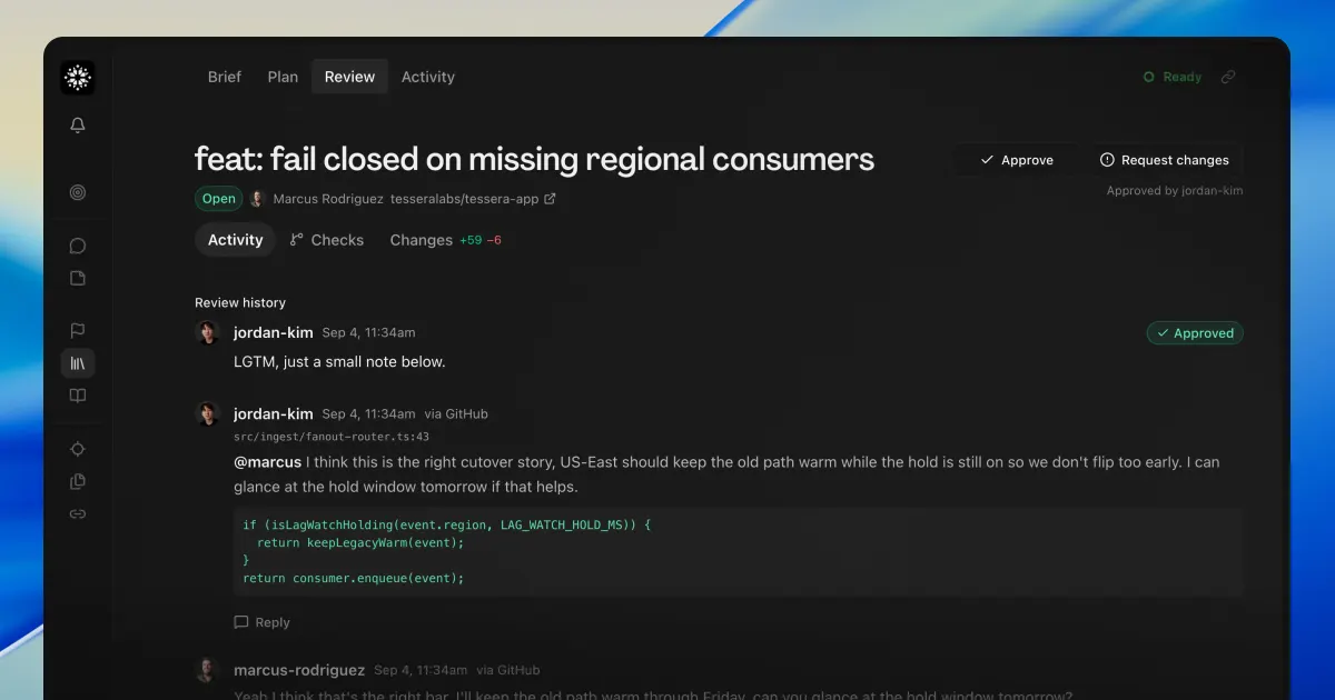 Review open on a delivered pull request, showing the file diffs with Approve and Request changes beside the brief's thread
