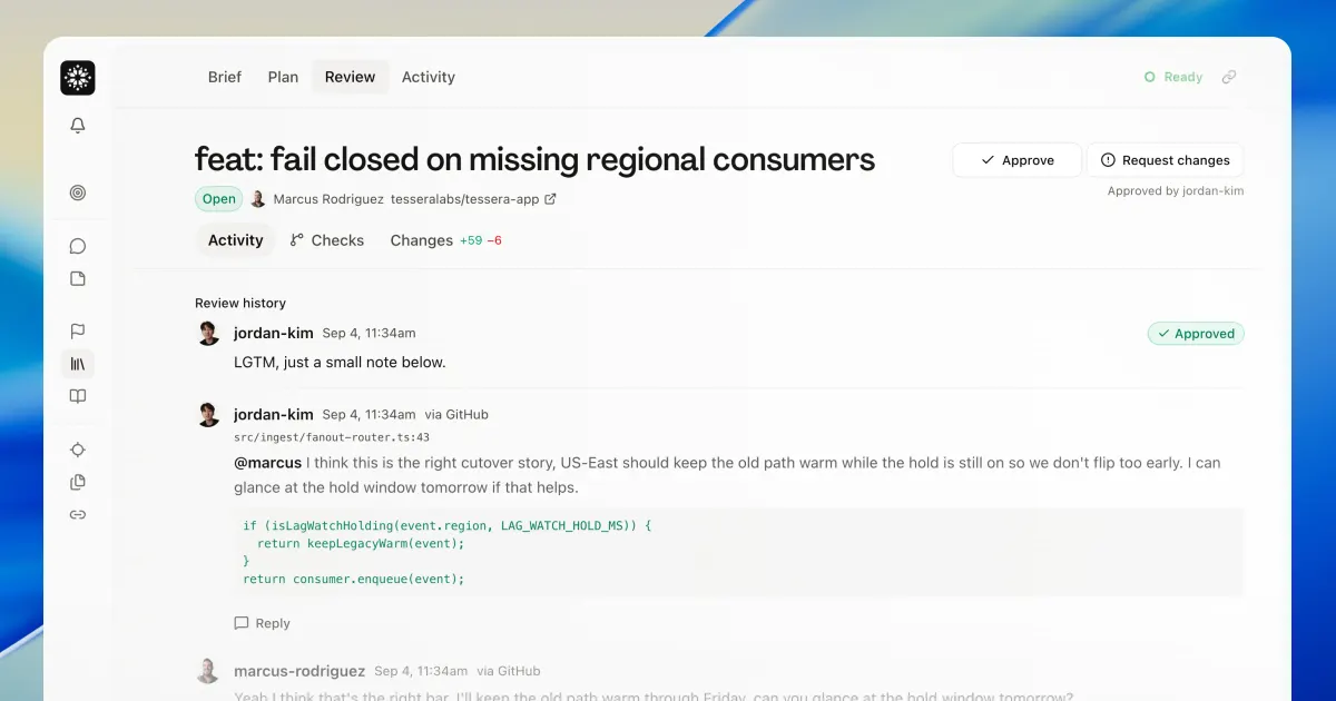 Review open on a delivered pull request, showing the file diffs with Approve and Request changes beside the brief's thread