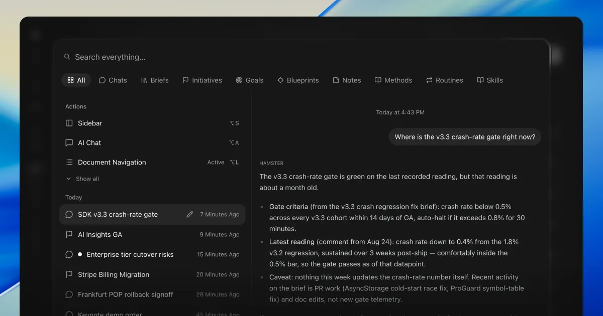 The ⌘K window on the All tab, with actions and today's chats and initiatives listed on the left, one chat marked unread, and a preview of Hamster's reply about the v3.3 crash-rate gate on the right