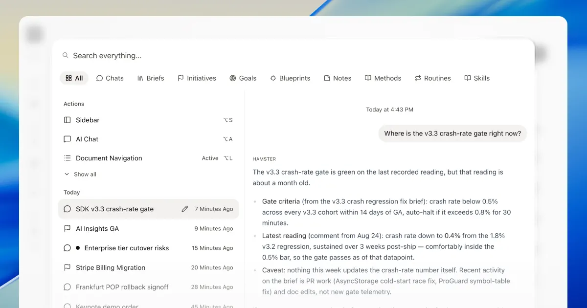 The ⌘K window on the All tab, with actions and today's chats and initiatives listed on the left, one chat marked unread, and a preview of Hamster's reply about the v3.3 crash-rate gate on the right