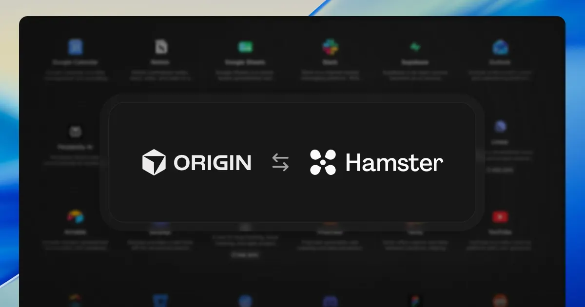 The Cursor Origin cube and ORIGIN wordmark and the Hamster logo and wordmark linked by a two-way arrow on a wide card, floating above a blurred grid of connection tiles