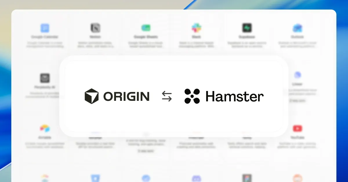 The Cursor Origin cube and ORIGIN wordmark and the Hamster logo and wordmark linked by a two-way arrow on a wide card, floating above a blurred grid of connection tiles