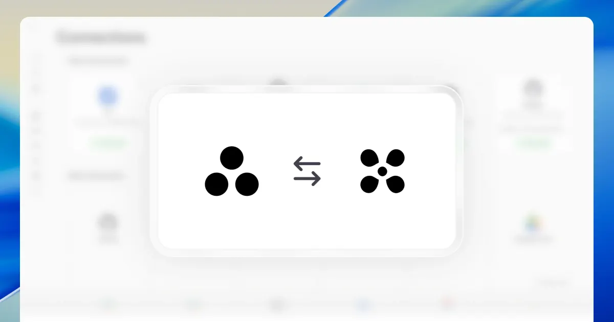 The Asana and Hamster logos linked by bidirectional arrows on a card, floating above a blurred Connections settings page