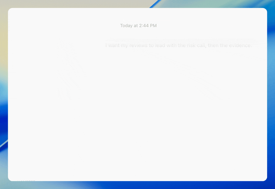 User saves a preference in chat and opens the Memory page in personal settings to review private and team-shared facts. The rows distinguish automatically learned facts from facts written by the user. The user corrects the preference in chat and deletes an outdated fact. A reply in a new conversation recalls the corrected preference.