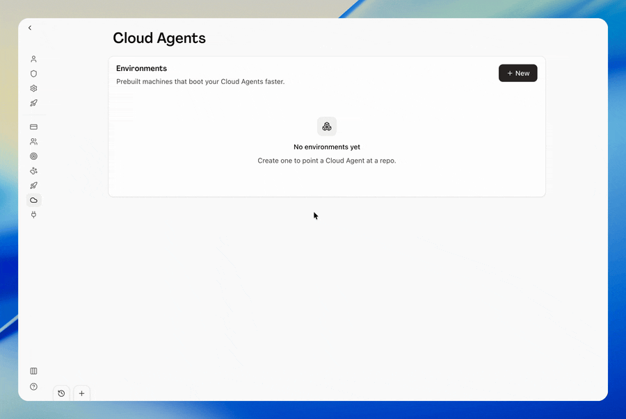 User on the Cloud Agents page names a new environment, attaches a GitHub repository, and clicks Set up environment. Hamster prepares the environment and checks that everything works while the setup progress updates in the dialog. User opens Advanced setup to inspect the install and build commands, then closes the dialog. The scene ends with the environment marked Active in the list, indicating the user can set up and inspect a Cloud Agents environment without writing the setup commands by hand.