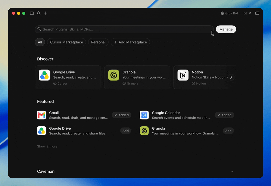 User in Cursor's plugin manager opens Add Marketplace, imports the Hamster marketplace from GitHub, and adds the Hamster plugin, then opens its MCP configuration to see the connected environment and enabled tools.