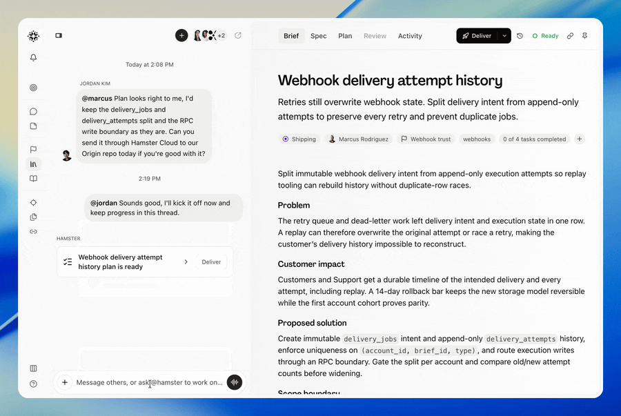 User on the Brief tab of a brief in Shipping, with the team's chat open beside it. They send an @mention asking Hamster to deliver the brief to the team's repo in Cursor Origin, and Hamster confirms it is sending the brief there through Hamster Cloud as a Delivering brief step appears, the header Deliver button starts spinning and the chat switches to the delivery thread. In the delivery thread the agent's work lands step by step, each short status line followed by the file edit or command it runs, then the plan reaches 4 of 4 tasks completed, the brief flips to Delivered and a draft pull request chip settles in the header. The user clicks the chip, which opens a popover naming the draft pull request and its repository, and follows its external link. The scene ends on the draft pull request in Cursor Origin with the brief's tasks in its description, indicating that one chat message is enough to turn a brief into a reviewable pull request in Cursor Origin on Hamster Cloud.