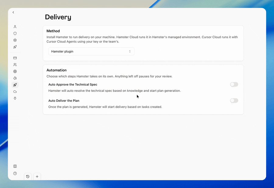 User on the Delivery settings page selects Hamster Cloud as the team's delivery method and chooses a model for the coding agent. They enable Auto Approve the Technical Spec and Auto Deliver the Plan, setting which stages Hamster handles without pausing for review. The scene ends with the method, model, and automation preferences configured, indicating the team can choose how Hamster delivers work once instead of selecting the workflow again on every brief.