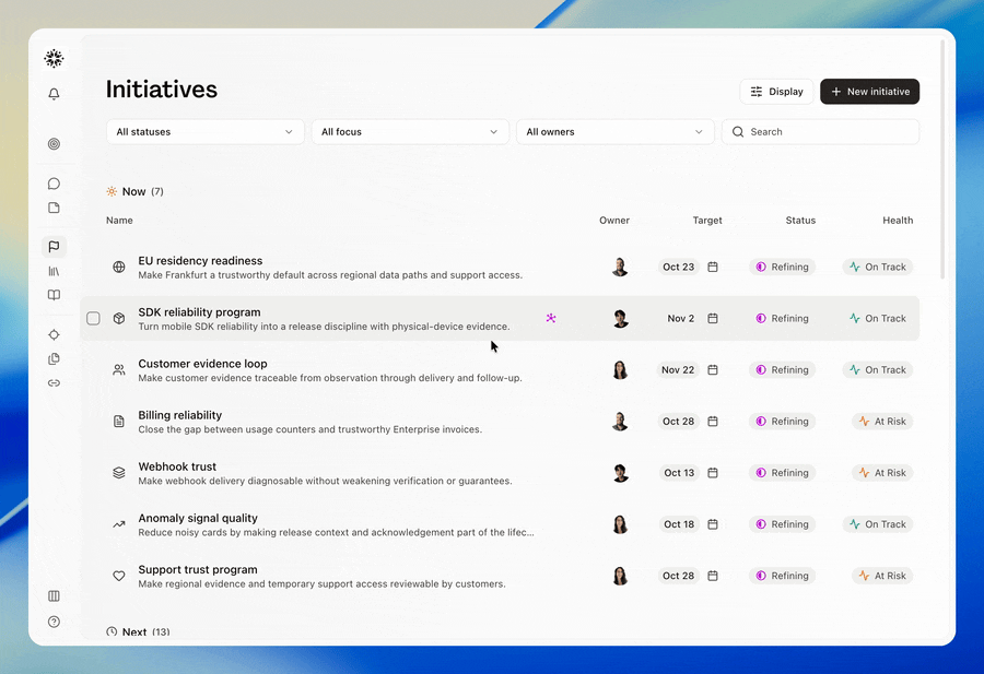 User on the Initiatives page opens the command palette, which lands on its Chats tab with a New chat action, unread conversations flagged at the top, and recent ones grouped by day. Hovering a conversation fills the Preview pane with its transcript and Hamster's reply without opening it. They click across the Briefs, Initiatives, and Goals tabs, each swapping in its own create action and recent list, then switch to All, where quick actions for the sidebar, AI chat, and document navigation sit above everything recent. Typing a single search term returns matching methods, blueprints, chats, goals, briefs, and initiatives in one list, and the Preview pane renders a method's full body on hover. The scene ends with the user opening an unread conversation straight from the results into the full chat view, indicating every chat, brief, initiative, goal, and method is searchable and previewable from one command palette, one click from anywhere in the workspace.